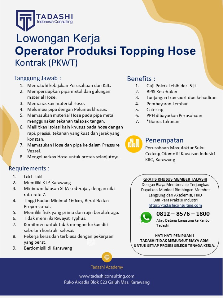 Operator Produksi Topping Hose Laki Laki - PKWT (KTP Karawang)