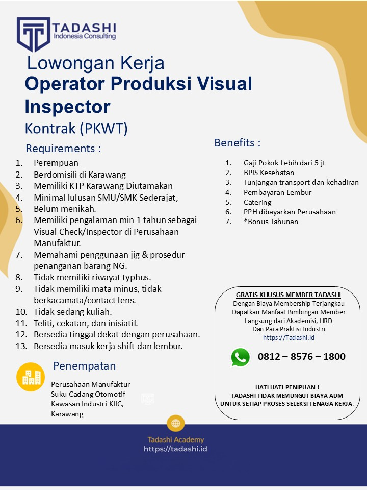 Operator QC Visual Inspector Perempuan PKWT KTP KARAWANG